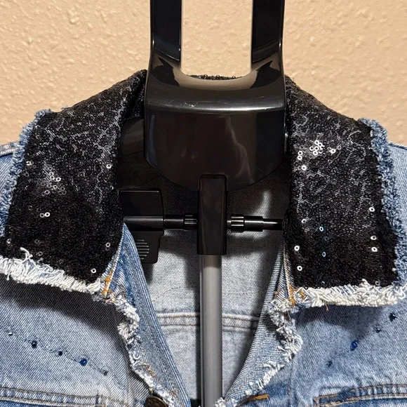 Sleeveless denim & black chiffon long sequin jacket duster high low custom flowy - Picture 8 of 14